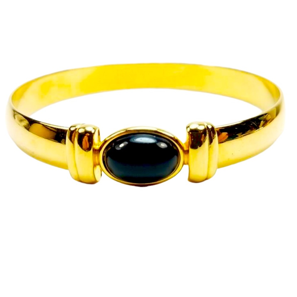 MONET Gold Tone Bangle Bracelet with Bezel Set Black Oval Stone